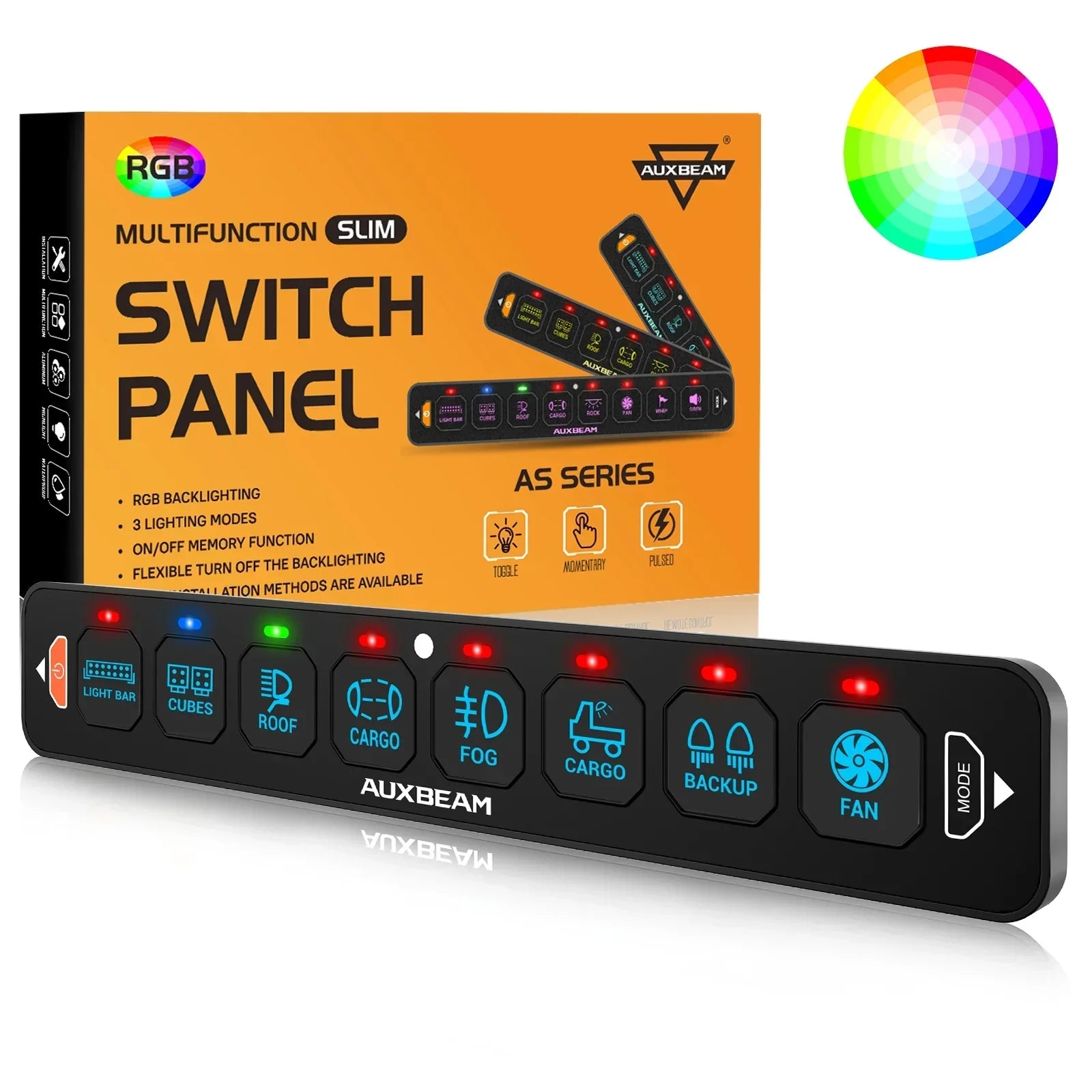 Auxbeam AS-R80 RGB Slim Switch Panel, Toggle/ Momentary/ Pulsed