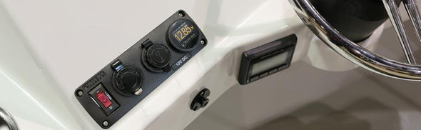 Blue Sea 4366 Water Resistant Accessory Panel – Circuit Breaker, 12V Socket, Dual USB Charger, Mini OLED Volt Meter