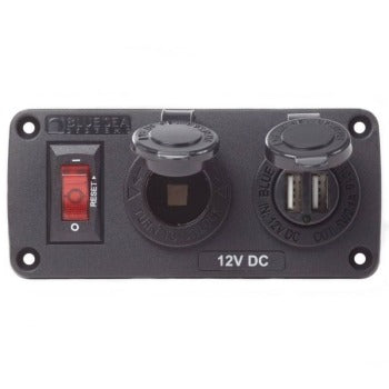 Blue Sea 4363 Water Resistant Accessory Panel – Circuit Breaker, 12V Socket, Dual USB Charger