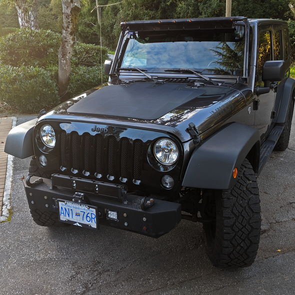 Cascadia 4x4 vss system hood solar panel for overland travel mounted on jeep wrangler JK