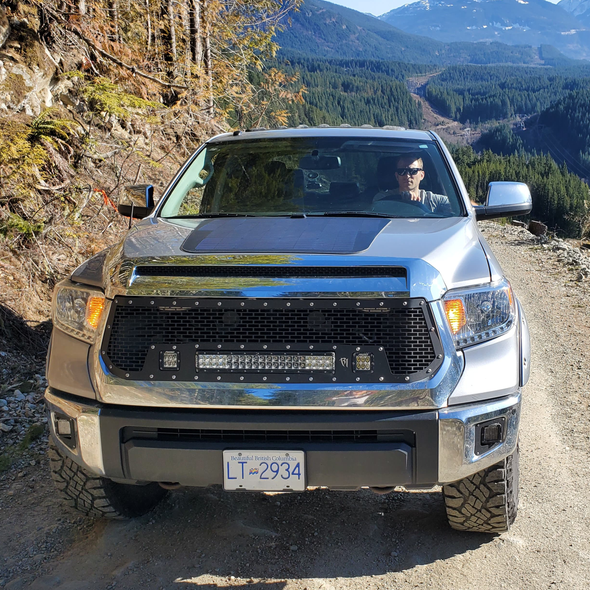 overland toyota tundra camping solar panel on hood