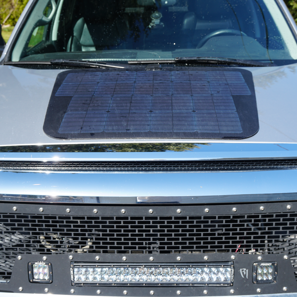 solar panel mounted on hood cascadia 4x4